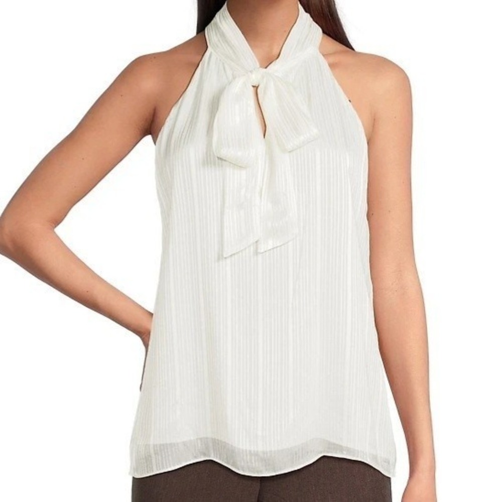 Calvin Klein Metallic Knit Tie Neck Sleeveless Flowy Cream Top Womens Size M NWT